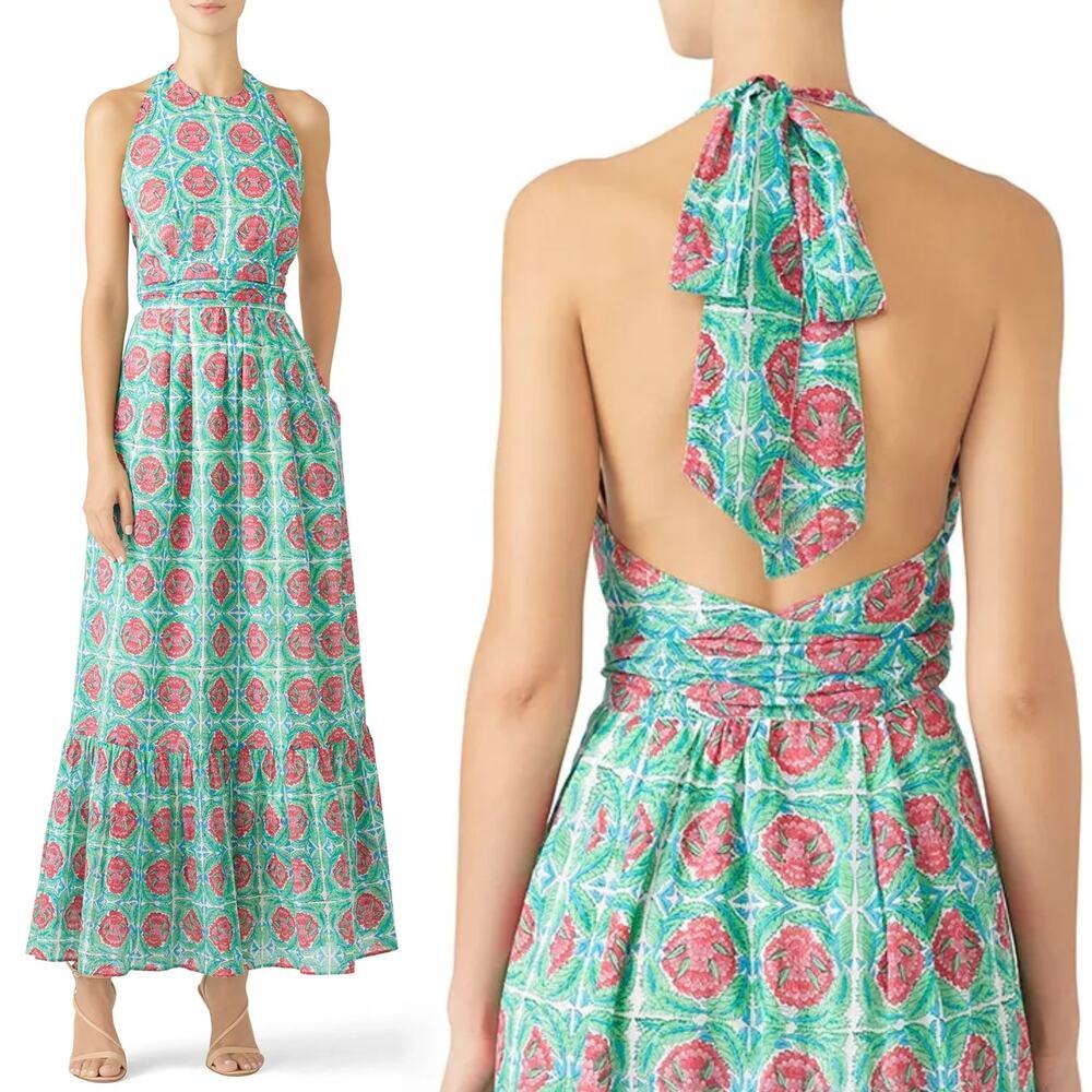 Banjanan Capri Dress Floral Print Sleeveless Halter Neck Maxi Green & Red XL